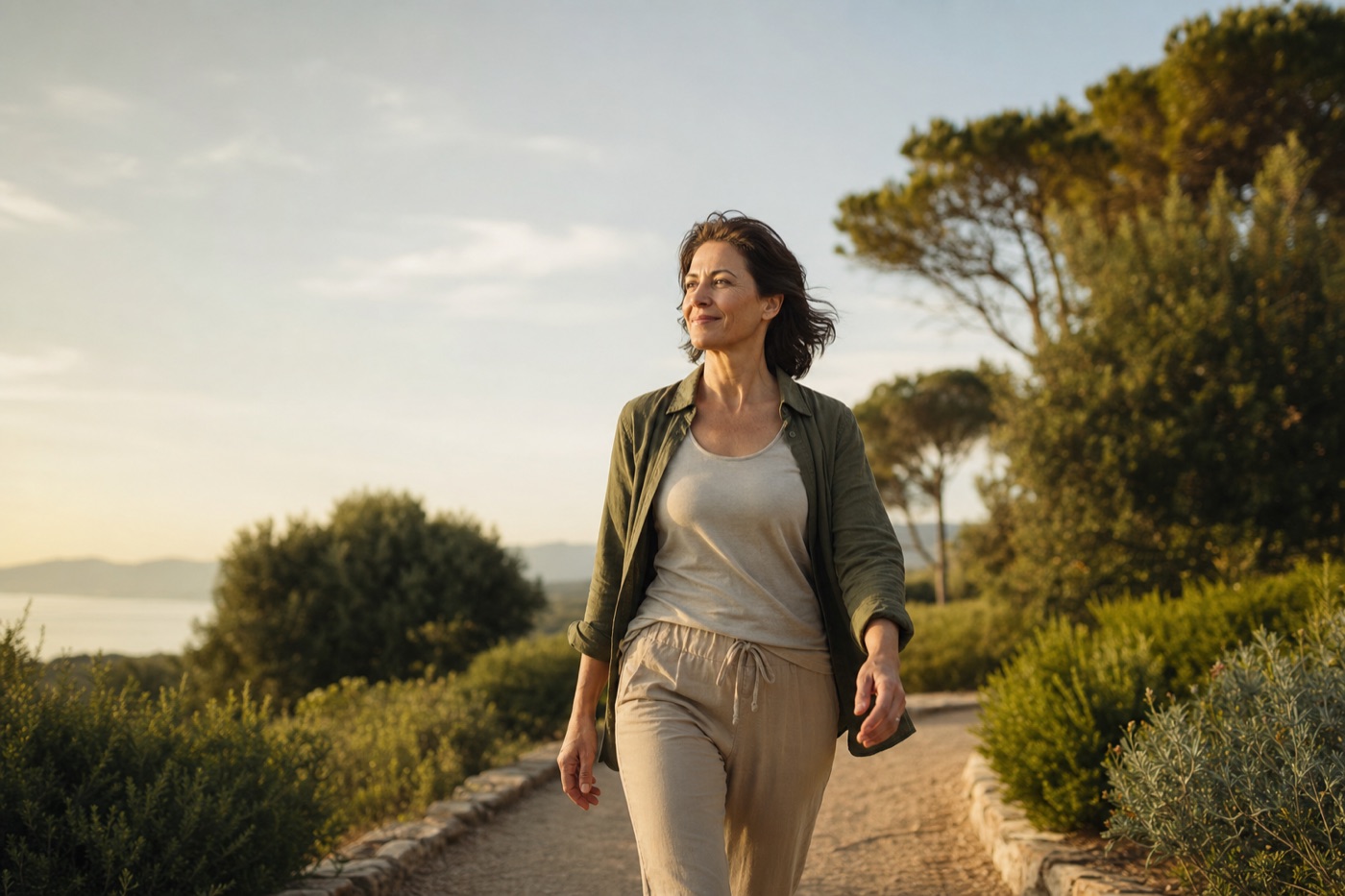 Una donna cammina nella natura esprimendo energia e benessere